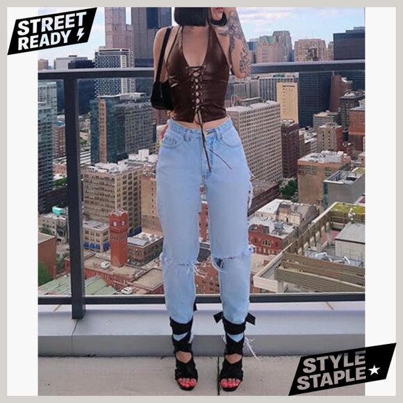 Women's Halter PU Leather Crop Top Lace Up Bandage Criss Cross Camisole - Picture 3 of 4